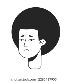 Downcast man with kinky hairstyle monochromatic flat vector character head. Black white avatar icon. Editable cartoon user portrait. Lineart ink spot illustration for web graphic design, animation