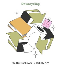 Downcycling process depiction. Recyclable materials like paper and tissue, representing reduced quality recycling. Flat vector illustration