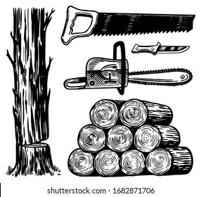 Downed logs, Saw or chainsaw, Work tools. Hand drawn elements for Lumberjack Woodsman. Vector illustration. Engraved Monochrome Vintage Sketch.