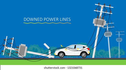 Downed Power Line Car Vehicle Storm Dangerous Lightning Strikes Avoid Down Drive Careful Fall Safe Safety Risk Danger Call 911 Emergency