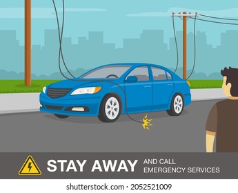 Downed power line safety rule. How to react if a power line falls on your car. Flat vector illustration template.