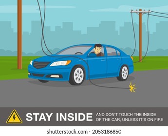 Downed power line safety rule. How to react if a power line falls on your car. Scared male driver is looking from the open window. Flat vector illustration template.