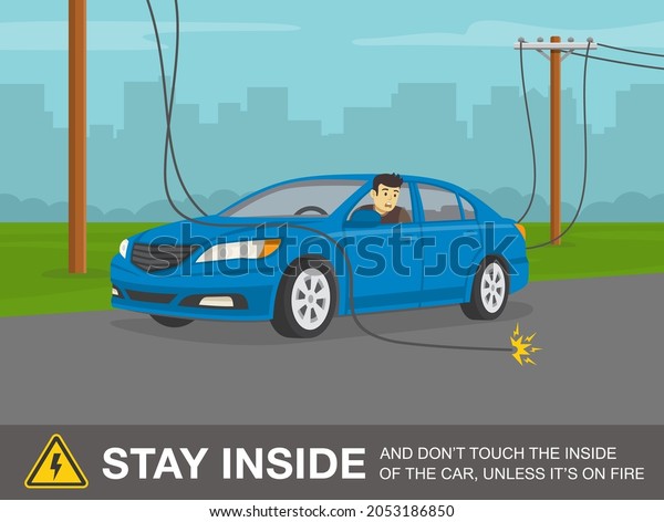 Downed power line safety\
rule. How to react if a power line falls on your car. Scared male\
driver is looking from the open window. Flat vector illustration\
template.
