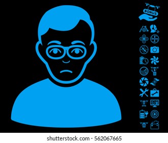 Downer icon with bonus drone tools design elements. Vector illustration style is flat iconic blue symbols on black background.