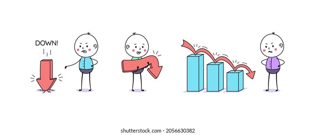 Downfall chart and downward arrow movement. Cartoon doodle man, cute people. Down arrow, financial forecast, reduce results, falling trend. Cute cartoon characters, vector illustration