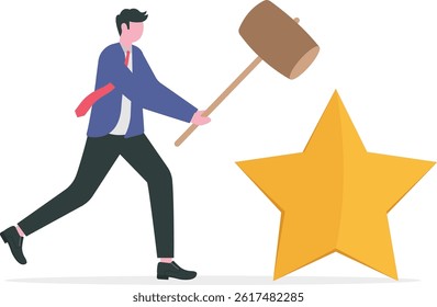 Downgrade credit rating, decrease reputation, trust or score drop, negative feedback, loss credit score or reduction concept, businessman hit star credit rating with a big hammer.

