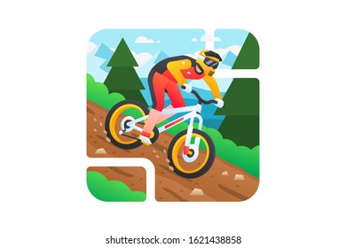 A downhill athlete is riding his mountain bike very fast on downhill track. Mountain Bike Vector Illustration.