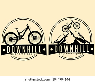 downhill bike design with a mountain silhouette and the words "downhill extreme sport", for logos, icons or bicycle sports content emblems