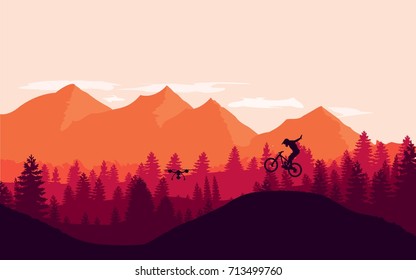 Downhill biking. Filming with a drone.Vector flat landscape.