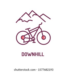 Downhill color line icon. A genre of mountain biking practiced on steep, rough terrain. Pictogram for web page, mobile app, promo. UI UX GUI design element. Editable stroke.