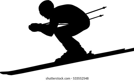 downhill man athlete skiing to competition in alpine skiing. black silhouette vector illustration