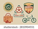 Downhill Mountain Bike and Gravity Crew Badge Set. Vintage Off-Road Cycling Emblem Collection with Bicycle, Gears, and Mountain Trail Vectors.