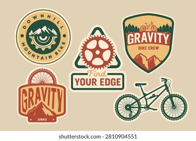 Downhill Mountain Bike and Gravity Crew Badge Set. Vintage Off-Road Cycling Emblem Collection with Bicycle, Gears, and Mountain Trail Vectors.