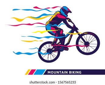 Downhill mountain bike motion colorful artwork cyclist motion modern illustration