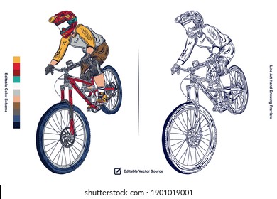 Downhill Mountain Bike Rider Extreme Sport Hand Drawing Vector Illustration