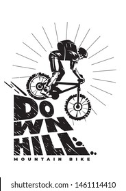 Downhill mountain bike. Silhouette man is riding bicycle opposite sun. Monochrome vector illustration with lettering