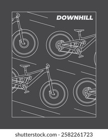 Downhill mountain bike t shirt design, poster template design. Abstract racing downhill bike with high speed rush line art outline style vector template design