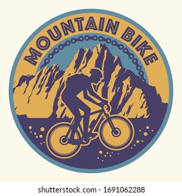 Downhill, mountain biking badge, logo, label with rider silhouette. Downhill, enduro, cross-country biking, vector illustration