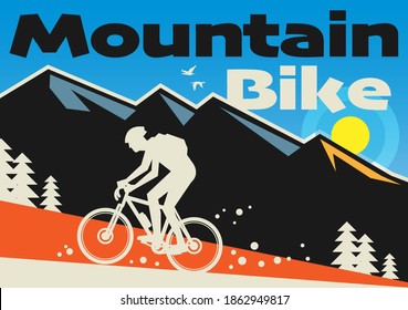 Downhill, mountain biking landscape with rider silhouette. Downhill, enduro, cross-country biking, vector illustration