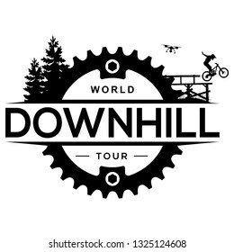 Downhill mountain biking logo with chainring. Extreme bicycle competition label. 