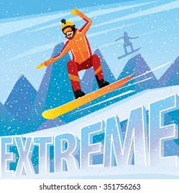 Downhill from the mountain on a snowboard - extreme sports concept. Vector illustration