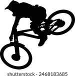 Downhill rider silhouette. Mountain cyclist illustration. Full body mountain bike rider. Mountain biker posing in black color.