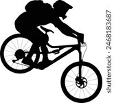 Downhill rider silhouette. Mountain cyclist illustration. Full body mountain bike rider. Mountain biker posing in black color.