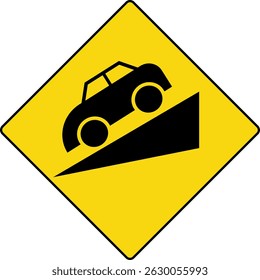 panneau de descente. Signalisation routière d'avertissement de descente. Icône de circulation losange jaune. panneaux de signalisation montrant des voitures sur une colline. icône de sécurité routière en amont du véhicule
