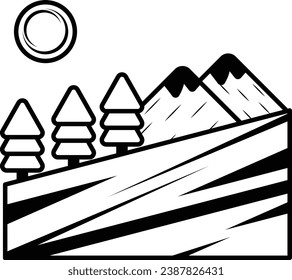 Downhill Ski Track Concept, Glacier with pine tree and Sun vector icon design, Winter Game Element symbol, Snowboard Equipment Sign, competitive sports activity stock illustration