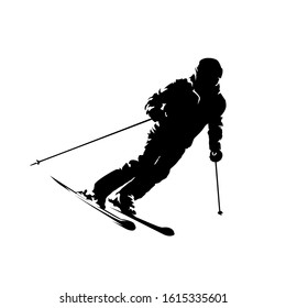 Downhill skier, active old man, ink drawing. Isolated vector silhouette. Winter skiing