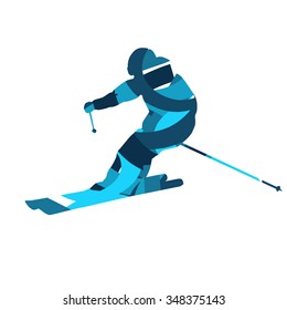 Downhill skier. Blue abstract vector silhouette, flat design