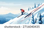 Downhill skier in red jacket navigating steep snowy mountain slope with pine trees during winter vacation extreme sports training session.