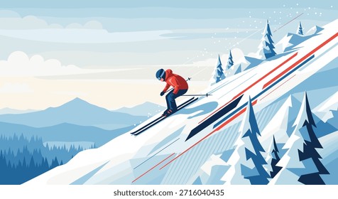 Downhill skier in red jacket navigating steep snowy mountain slope with pine trees during winter vacation extreme sports training session.