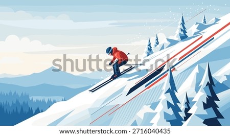 Downhill skier in red jacket navigating steep snowy mountain slope with pine trees during winter vacation extreme sports training session.