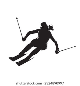 Downhill skiing, female skier, isolated vector silhouette, front view. Active woman
