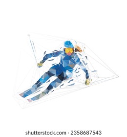 Downhill skiing, female skier, low polygonal isolated vector illustration, front view. Active woman