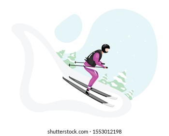 Downhill skiing flat vector illustration. Extreme winter sports. Active lifestyle. Outdoor activities on snowy mountainside. Sportsman on skis isolated cartoon character on blue background