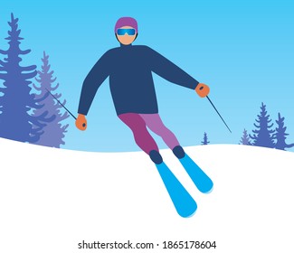 Downhill skiing. Flat vector stock illustration. Man or woman skiing. Illustration of a ski resort. Concept of skiing, winter vacation, mountain nature. Ski resort and skier