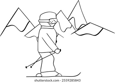 Downhill skiing, modern minimalistic graphic line design. Vector illustration with skier in mountains
