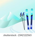 downhill skiing and poles on the background of snowy mountains