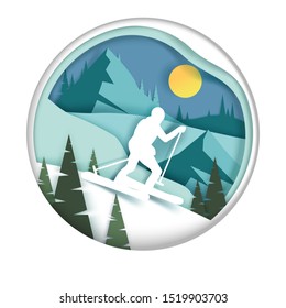 Downhill skiing, vector illustration in paper art modern craft style. Paper cut mountains and skier silhouette sliding down snow-covered slope. Winter sports and activities. - Shutterstock ID 1519903703