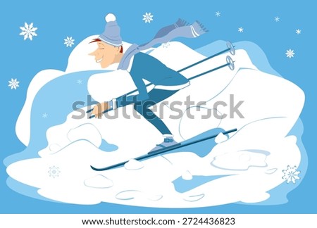 Downhill skiing young man.	 
Winter sport. Snow. Downhill skiing male person
