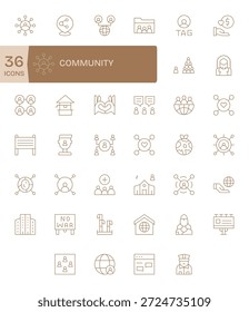 Descarga 40 íconos de línea fina escalables diseñados para Comunidad, adecuados para proyectos profesionales y creativos.
