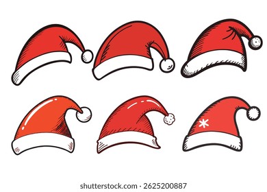Baixe 6 chapéus de Papai Noel vintage desenhados à mão em estilo de gravação com sombreamento crosshatch e detalhes antigos. Ideal para cartões de férias retrô, impressões e desenhos clássicos de Natal.