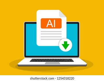 Download AI button on laptop screen. Downloading document concept. File with AI label and down arrow sign. Vector stock illustration.