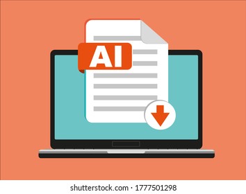 Download AI button on laptop screen. Downloading document concept. File with AI label and down arrow sign. Vector stock illustration.
