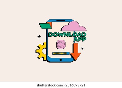 Baixe o conceito do aplicativo no estilo de desenho animado plano. Ilustração abstrata representando um telefone celular e vários ícones representando o conceito de download. Ilustração vetorial.