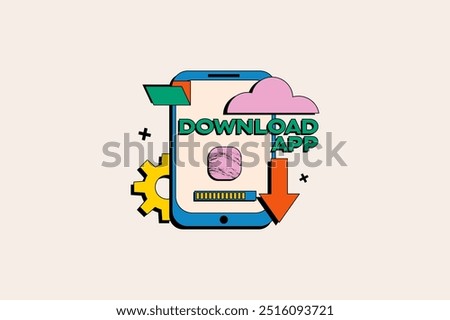 Download app concept in the flat cartoon style. Abstract illustration depicting a mobile phone and various icons representing the concept of downloading. Vector illustration.