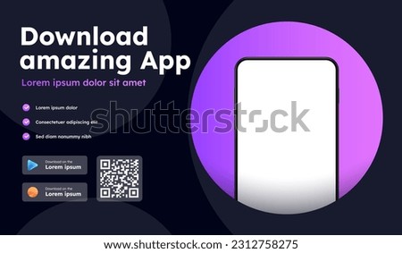 Download App dark. Mobile application or program. Software development. Advertising and marketing. Modern technologies and the digital world. QR code and link. Isometric vector illustration