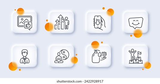 Download app, Delivery man and Yoga line icons pack. 3d glass buttons with blurred circles. Employee results, Businessman, Like photo web icon. Wash hands, Smile chat pictogram. Vector